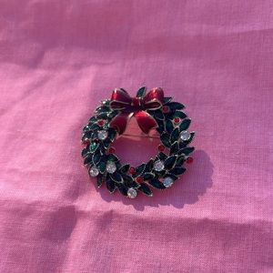 Vintage Christmas/Holiday Wreath Brooch Green, Red, and Gold with Embellishments